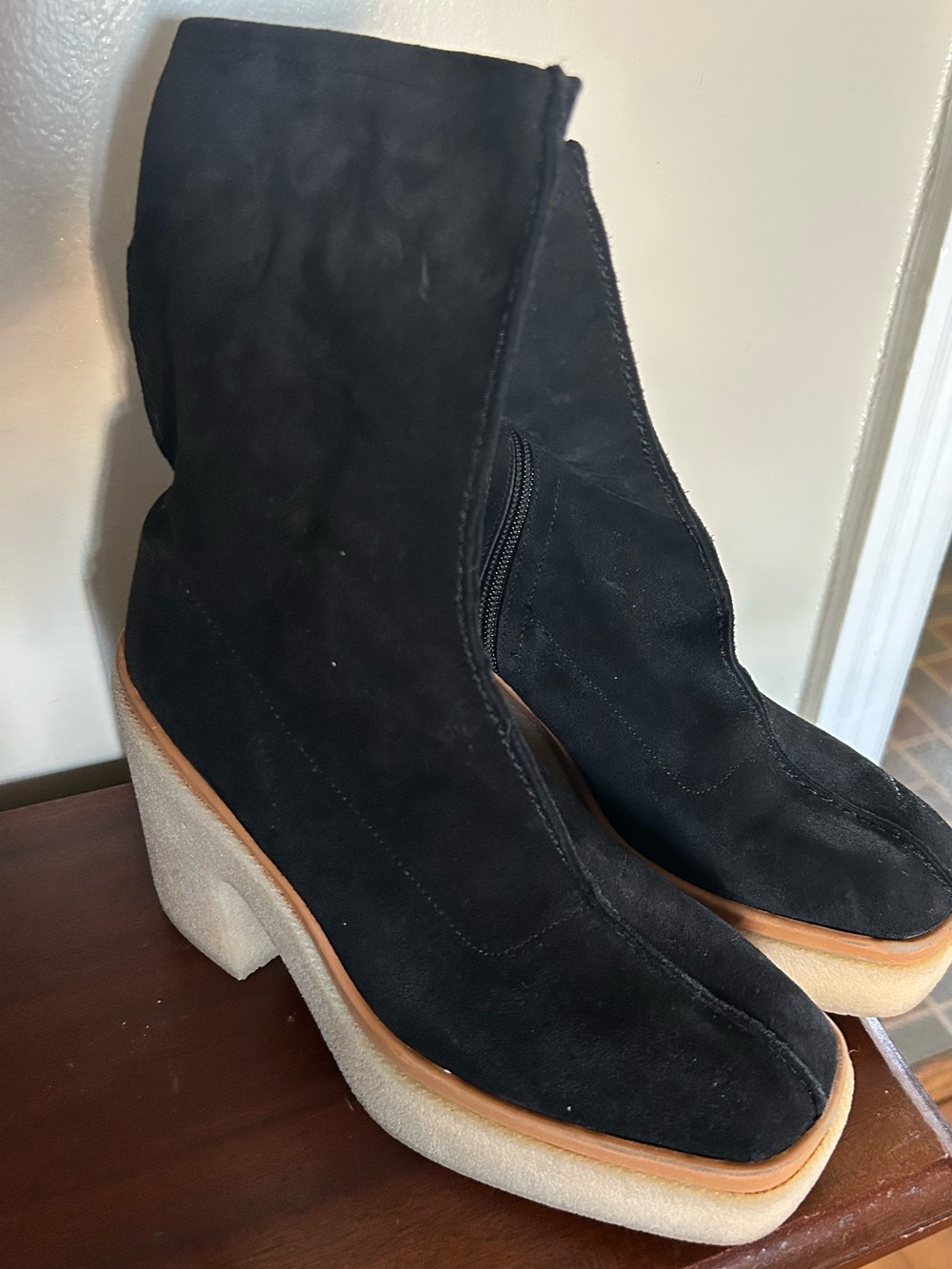 Free People Black Suede Platform Ankle Boots with Light Tan Sole